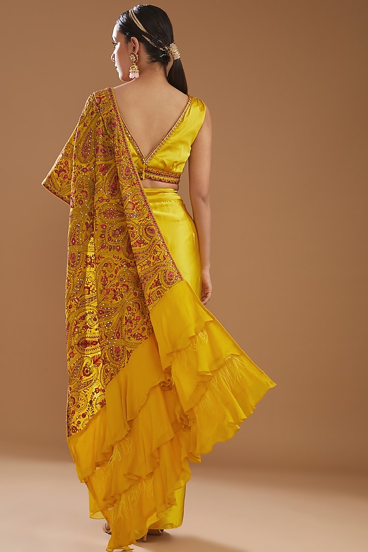 Yellow Georgette & Silk Satin Thread Work Draped Wedding Saree Set by Aditi Gupta at Pernia's Pop Up Shop