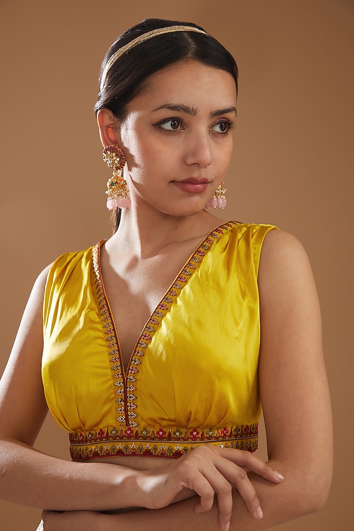 Yellow Georgette & Silk Satin Thread Work Draped Wedding Saree Set by Aditi Gupta at Pernia's Pop Up Shop