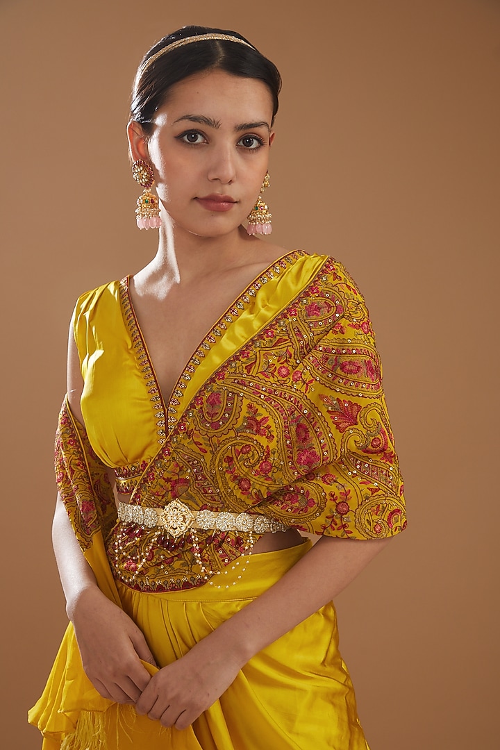Yellow Georgette & Silk Satin Thread Work Draped Wedding Saree Set by Aditi Gupta at Pernia's Pop Up Shop