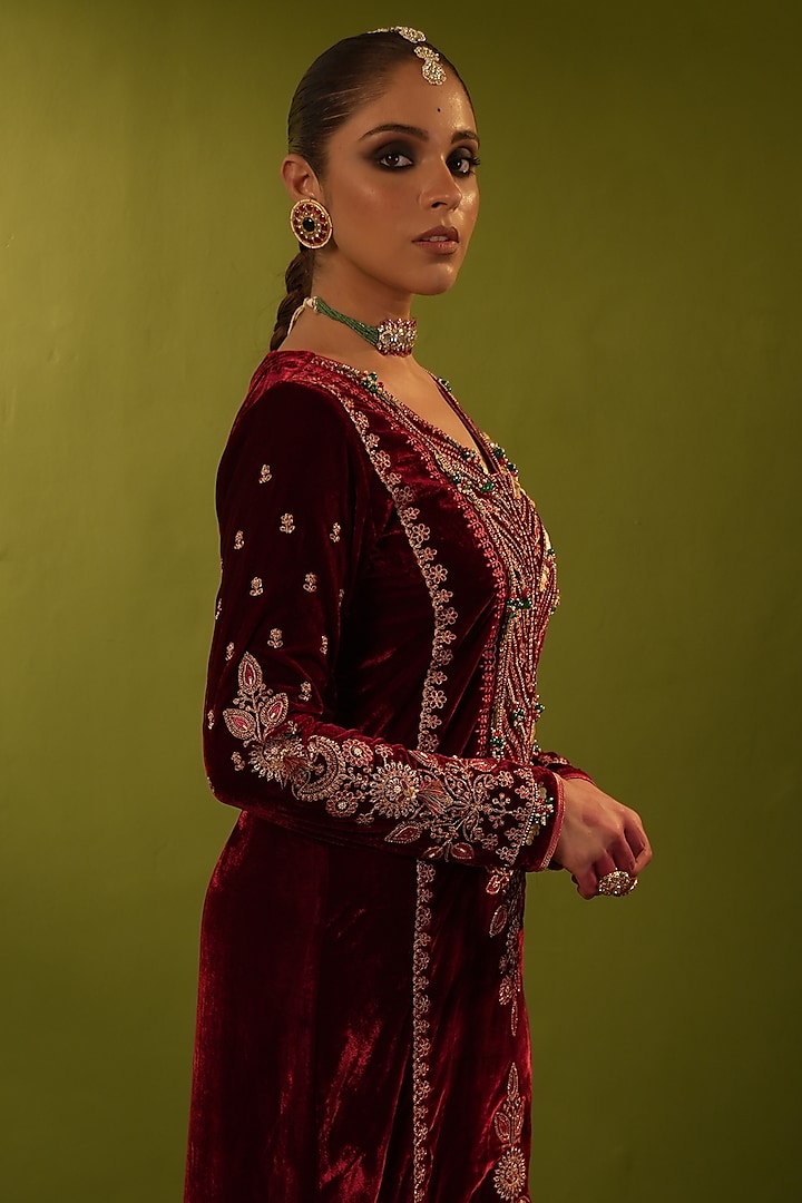 Red Velvet Sequins & Zardosi Handwork Kaftan Set by Aditi Gupta at Pernia's Pop Up Shop