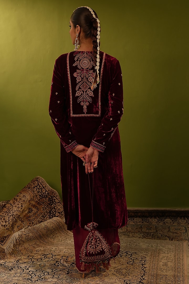 Wine Velvet Sequins & Zardosi Handwork Jacket Set by Aditi Gupta at Pernia's Pop Up Shop