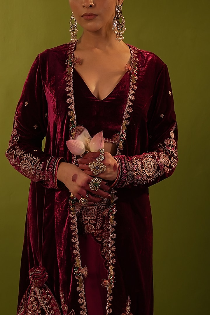 Wine Velvet Sequins & Zardosi Handwork Jacket Set by Aditi Gupta at Pernia's Pop Up Shop
