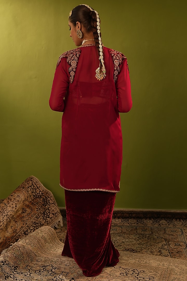 Red Georgette Sequins & Zardosi Handwork Long Jacket Set by Aditi Gupta at Pernia's Pop Up Shop