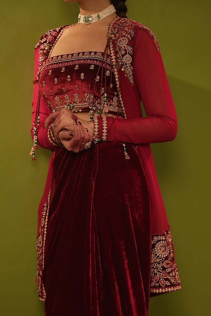 Red Georgette Sequins & Zardosi Handwork Long Jacket Set by Aditi Gupta at Pernia's Pop Up Shop