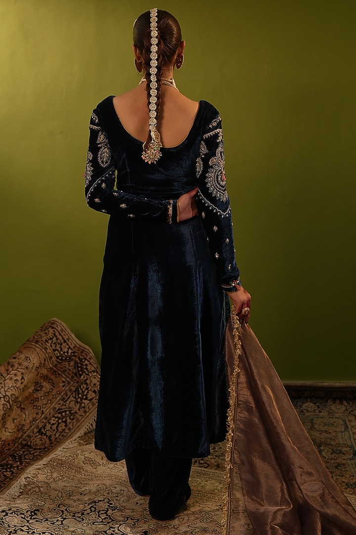 Blue Velvet Sequins & Zardosi Handwork Wedding Anarkali Set by Aditi Gupta at Pernia's Pop Up Shop