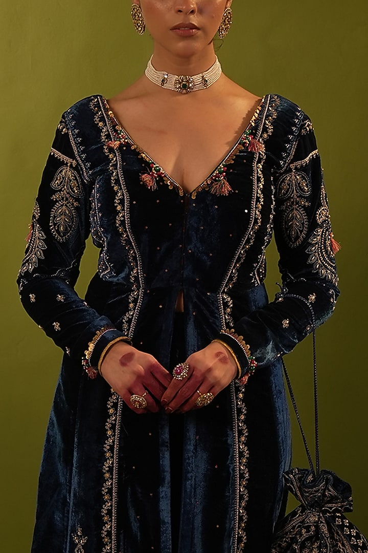 Blue Velvet Sequins & Zardosi Handwork Wedding Anarkali Set by Aditi Gupta at Pernia's Pop Up Shop