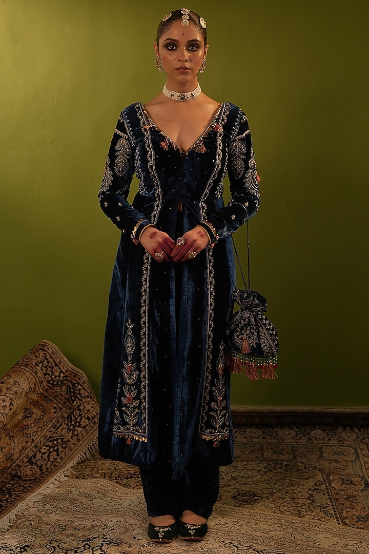 Blue Velvet Sequins & Zardosi Handwork Wedding Anarkali Set by Aditi Gupta at Pernia's Pop Up Shop
