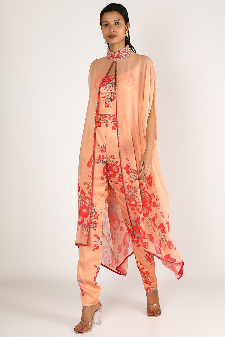 Peach & Red Embroidered Pant Set by Adah