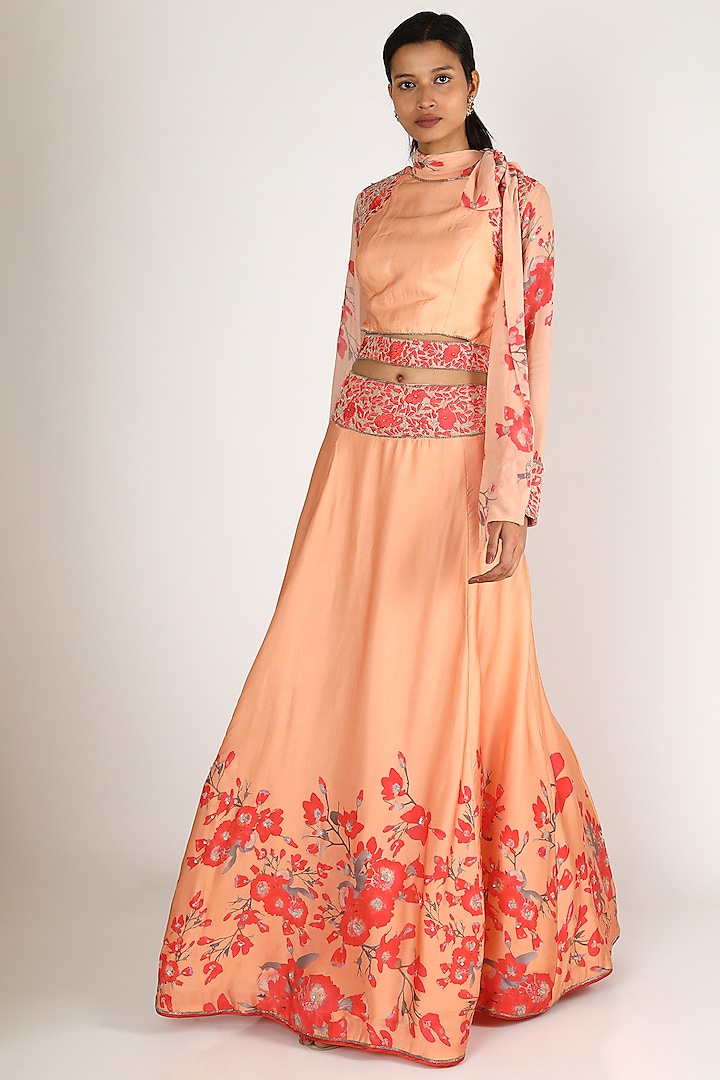 Peach & Red Embroidered Skirt Set by Adah