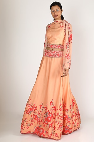 Peach & Red Embroidered Skirt Set by Adah