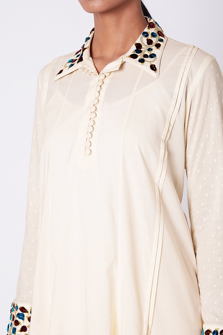 White Hand Embroidered Shirt Tunic by Adah at Pernia's Pop Up Shop
