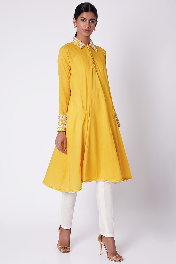Yellow Hand Embroidered Shirt Tunic  by Adah