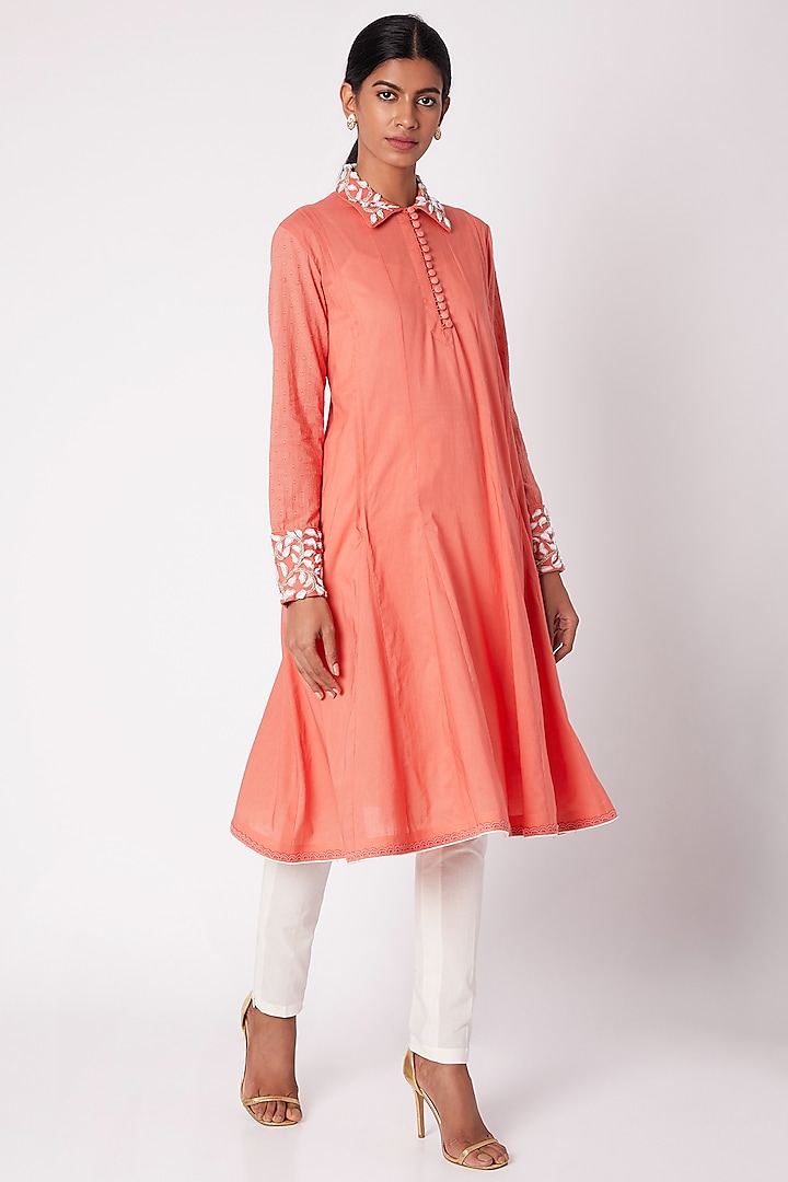 Peach Hand Embroidered Shirt Tunic  by Adah