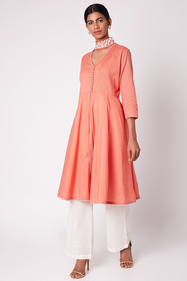 Peach Embroidered Open Front Tunic by Adah