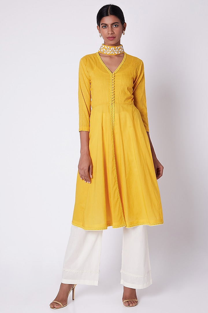 Yellow Embroidered Open Front Tunic by Adah
