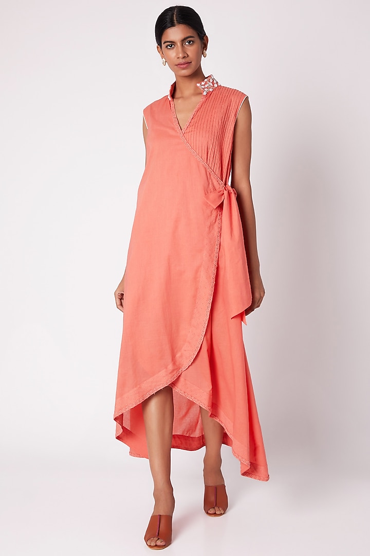 Peach Embroidered Wrap Around Dress by Adah