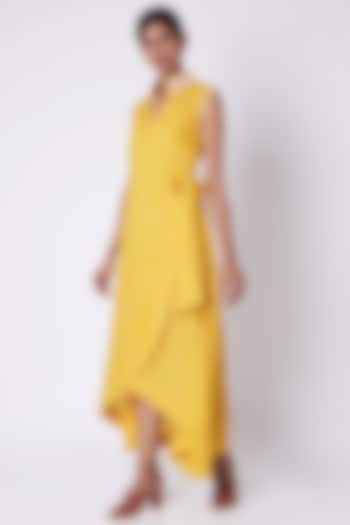 Yellow Embroidered Wrap Around Dress by Adah