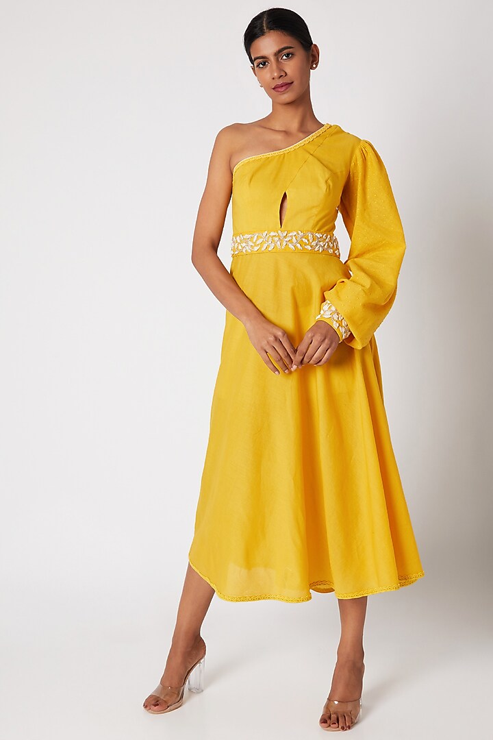 Yellow Embroidered One Shoulder Dress by Adah