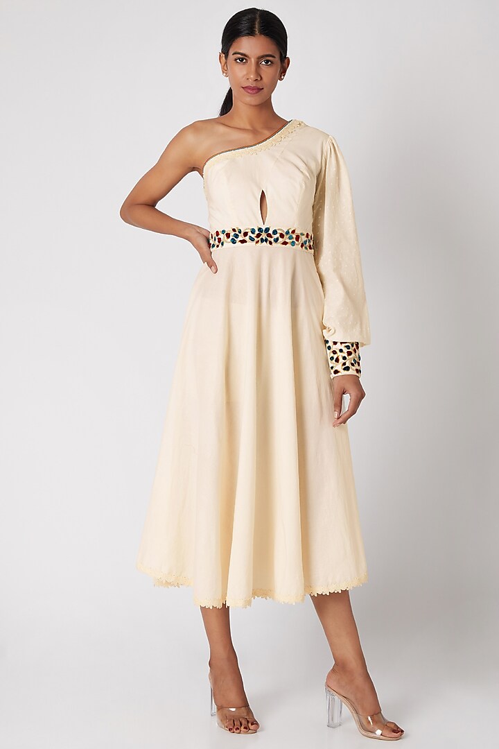 White Embroidered One Shoulder Dress by Adah