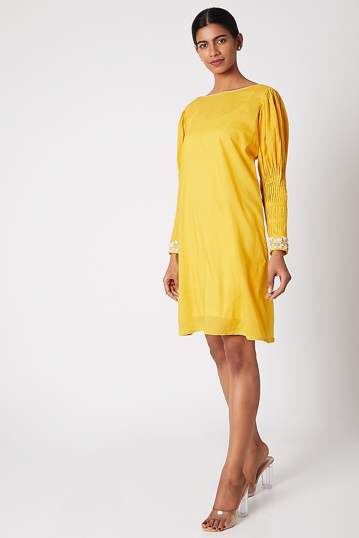 Yellow Embroidered Tunic With Pleated Sleeves by Adah