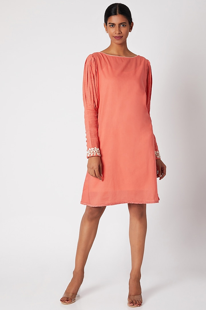 Peach Embroidered Tunic With Pleated Sleeves by Adah