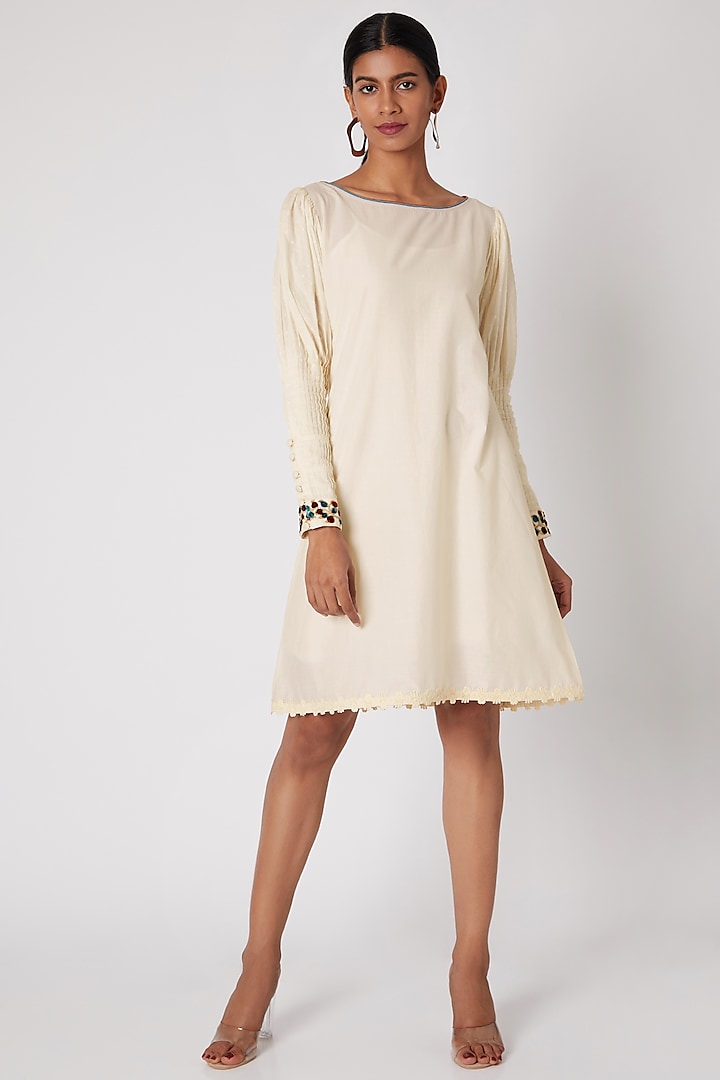 White Embroidered Tunic With Pleated Sleeves by Adah