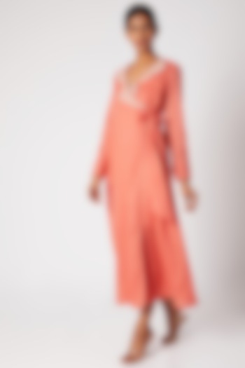 Peach Embroidered Wrap Dress by Adah