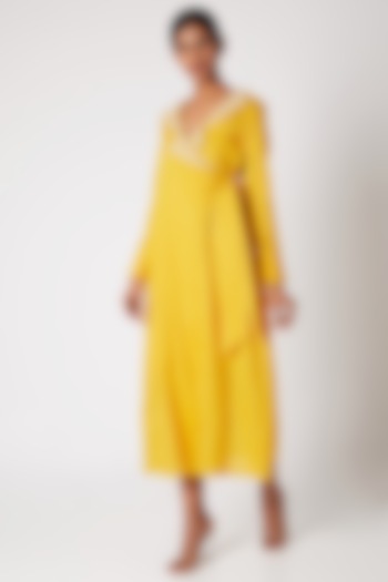 Yellow Embroidered Wrap Dress by Adah