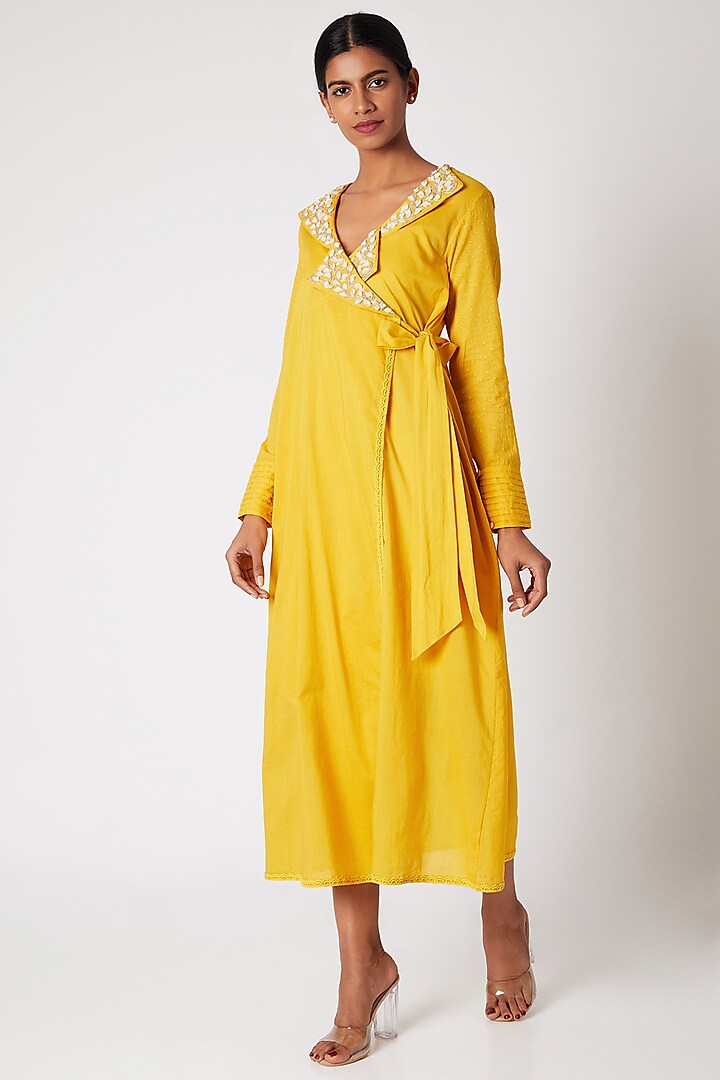 Yellow Embroidered Wrap Dress by Adah