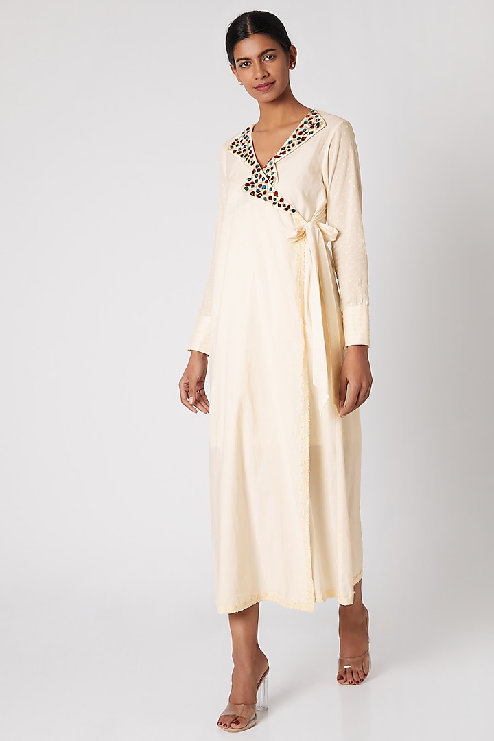 White Embroidered Wrap Dress by Adah