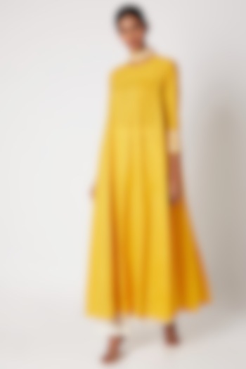 Yellow Embroidered Anarkali With Palazzo Pants by Adah
