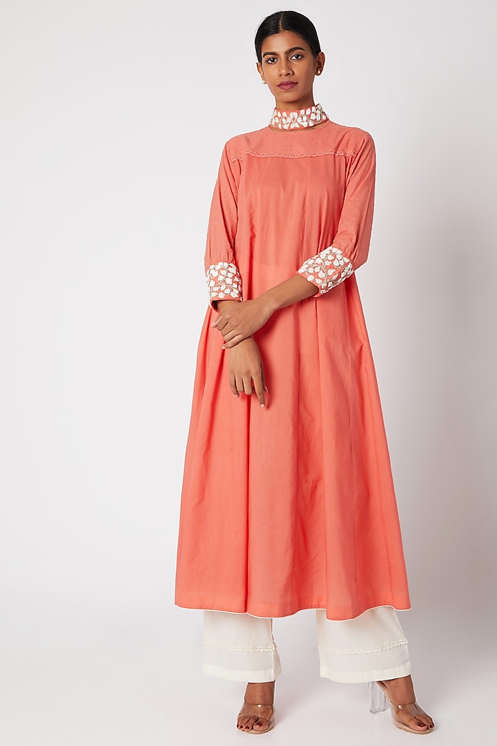 Peach Embroidered Anarkali With Palazzo Pants by Adah