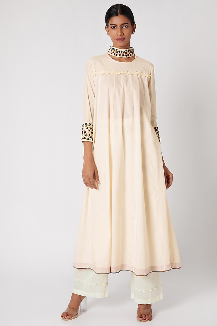 White Embroidered Anarkali With Palazzo Pants by Adah