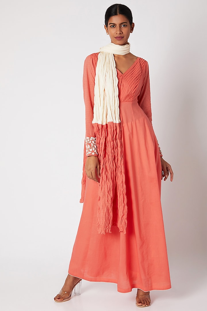 Peach Embroidered Anarkali Set by Adah