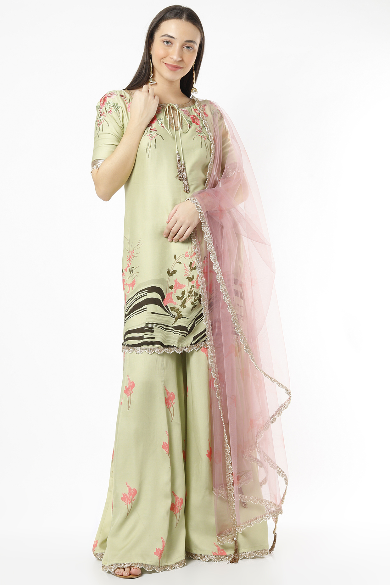 Sage Green Floral Printed Sharara Set by Adah