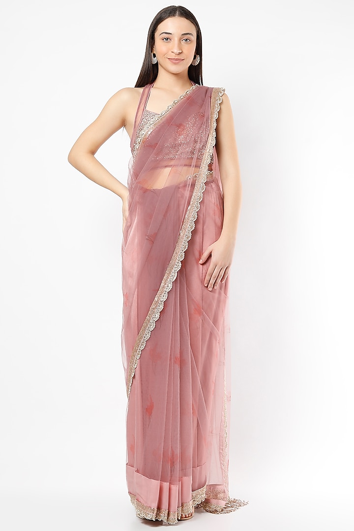 Blush Pink Embroidered Saree Set by Adah