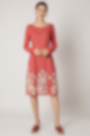 Red Embroidered Tunic With Textured Sleeves by Adah