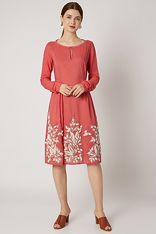 Red Embroidered Tunic With Textured Sleeves by Adah
