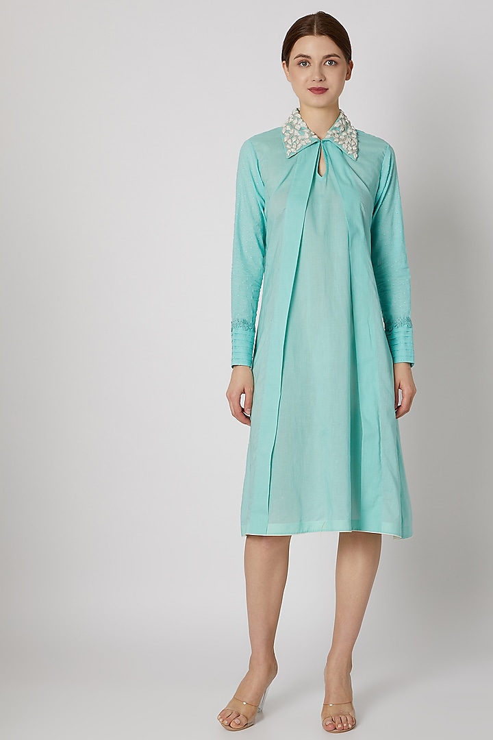 Turquoise Blue Embroidered Pleated Tunic by Adah