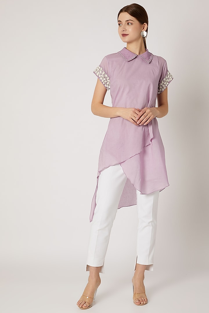 Purple Collared Tunic With Embroidered Sleeves  by Adah