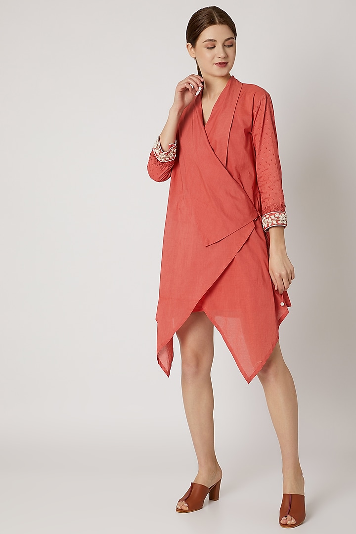 Red Wrap Tunic With Embroidered Cuffs by Adah