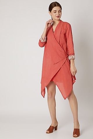 Red Wrap Tunic With Embroidered Cuffs by Adah