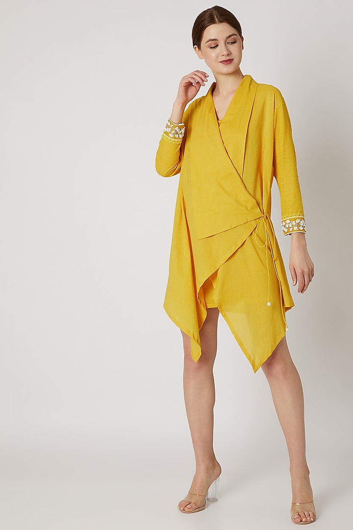 Yellow Wrap Tunic With Embroidered Cuffs by Adah
