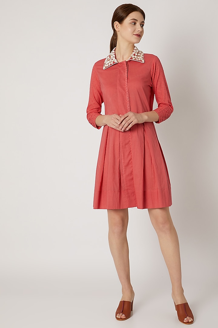 Red Tunic With Embroidered Collar by Adah