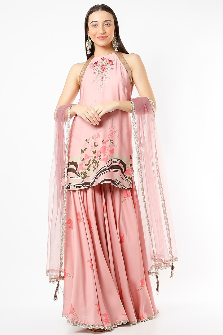 Blush Pink Floral Printed Party Wear Sharara Set by Adah at Pernia's Pop Up Shop
