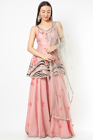 Rose Pink Modal Satin Sharara Set by Adah