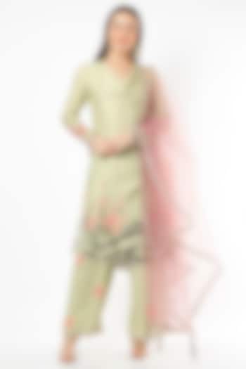 Sage Green Embroidered & Floral Printed Kurta Set by Adah at Pernia's Pop Up Shop