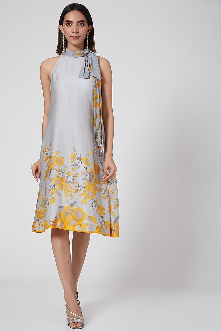 Grey & Yellow Tunic With Floral Print by Adah at Pernia's Pop Up Shop