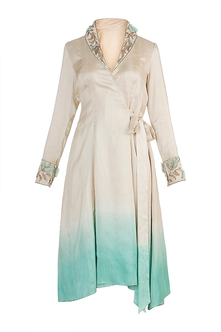 Beige To Green Dip Dyed Embroidered Tunic by Adah