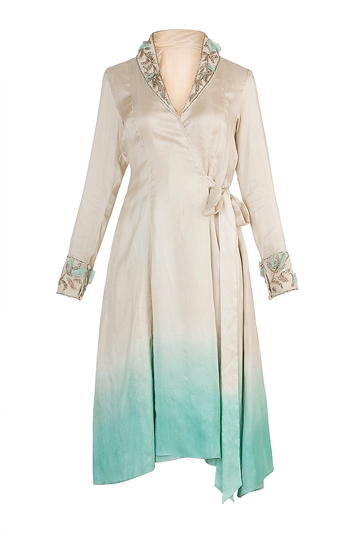 Beige To Green Dip Dyed Embroidered Tunic by Adah at Pernia's Pop Up Shop